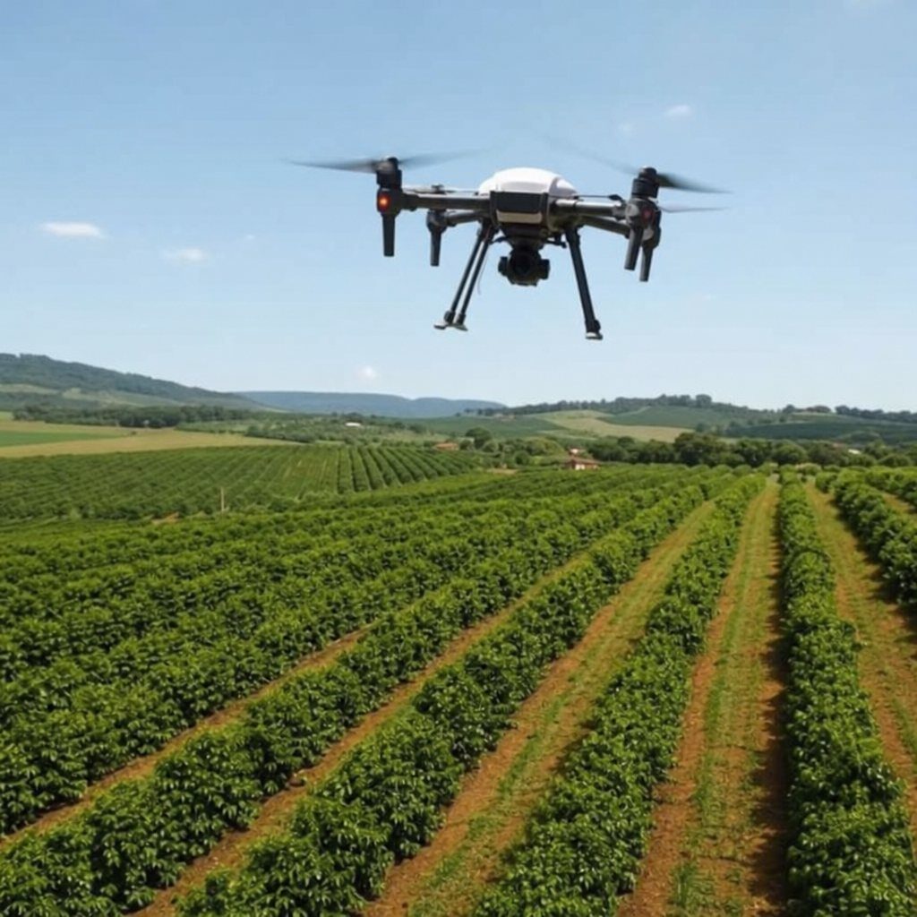 Drone sobrevoando plantação em contexto de agricultura de precisão