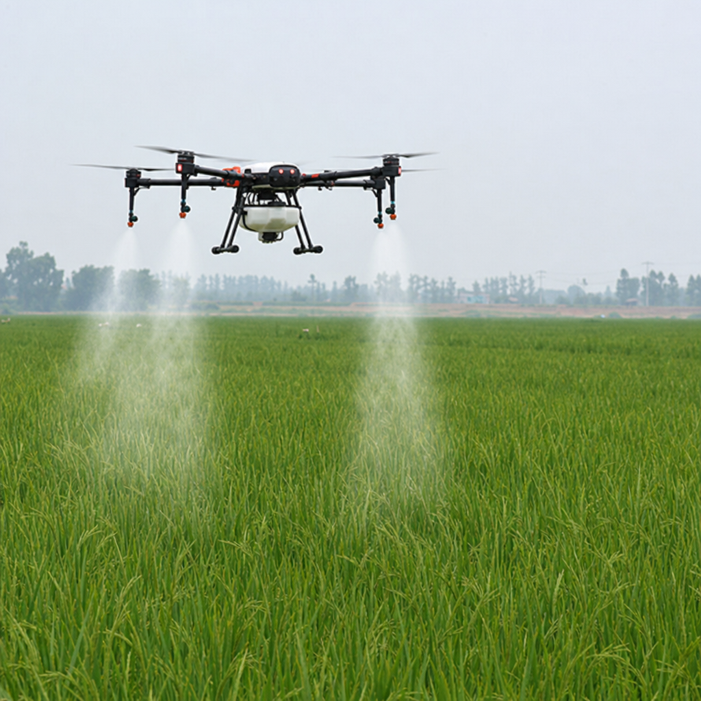 An agricultural drone flying over a large green crop field spraying fertilizer