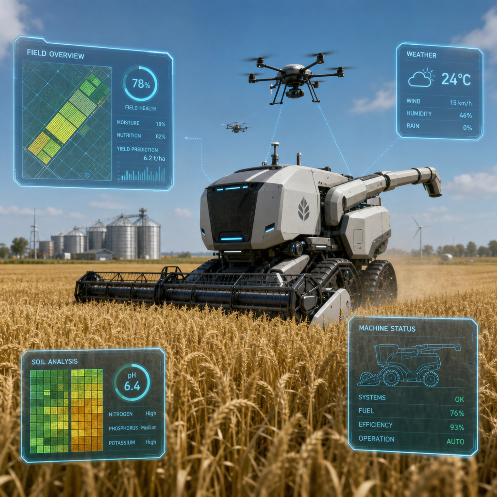 A futuristic automated farm with glowing data overlays and a robotic harvester in a wheat field