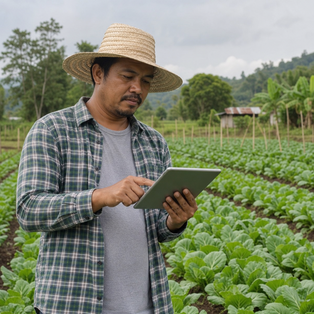 A small-scale farmer holding a tablet computer inspecting data while standing in a healthy vegetable field