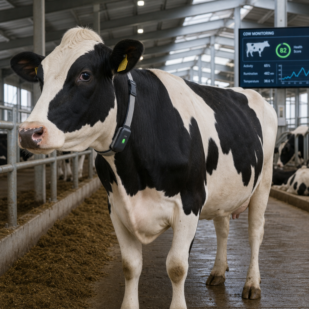 A dairy cow wearing a smart sensor collar standing in a modern barn