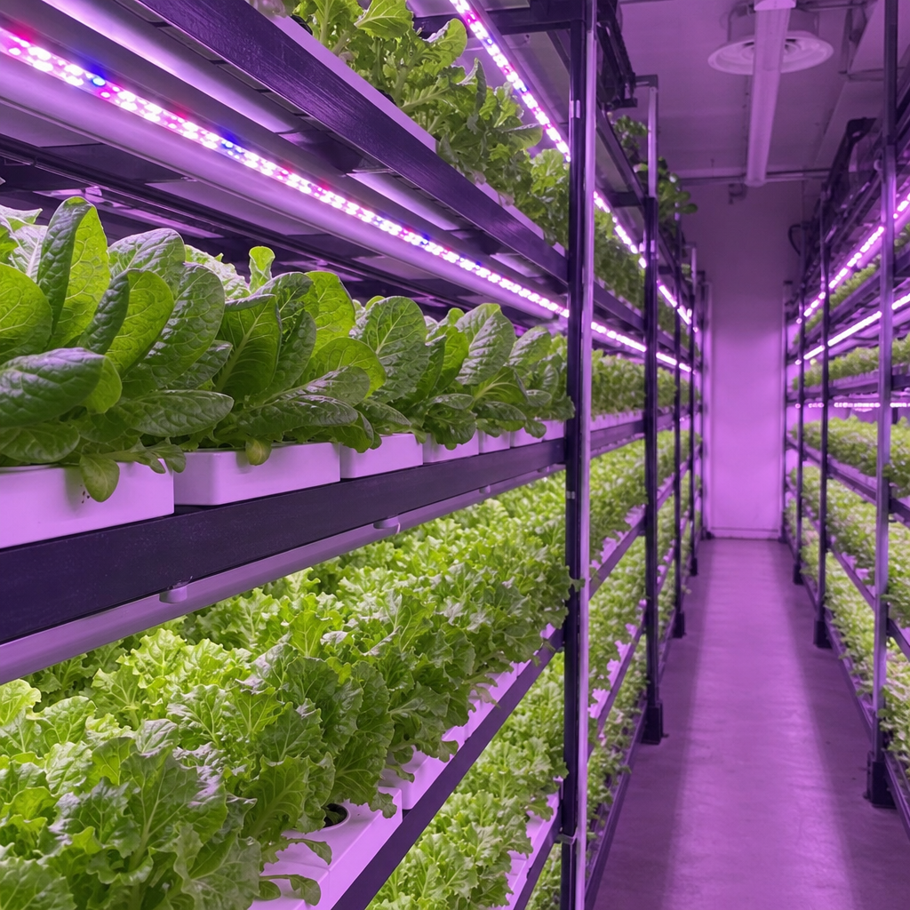 Rows of lush green leafy vegetables growing under purple LED lights in a vertical farming facility