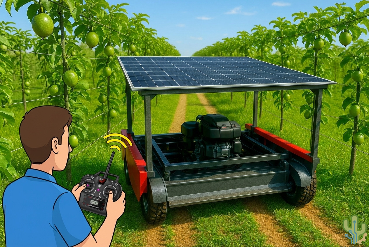 Operação do robô com controle remoto em corredor de cultivo