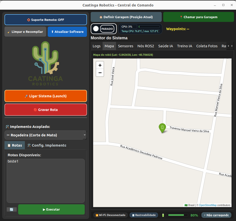 Interface do tablet do robô Caatinga Robotics – central de comando e rastreabilidade
